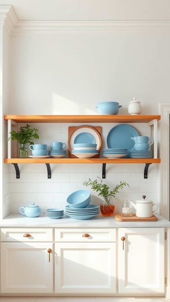 Open shelving in a modern farmhouse kitchen featuring blue dishes and warm wooden shelves.