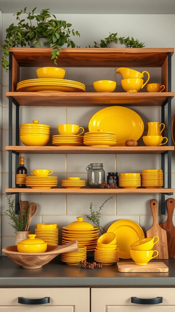 Open kitchen shelving displaying vibrant yellow dishware and greenery