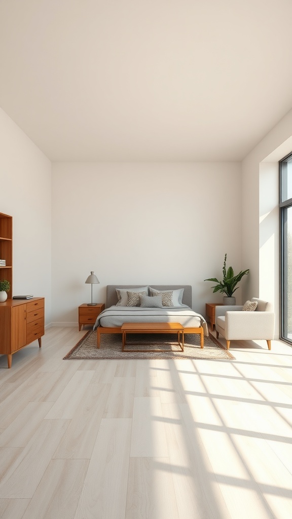 A minimalist Japandi bedroom with wooden furniture, large windows, and natural light.