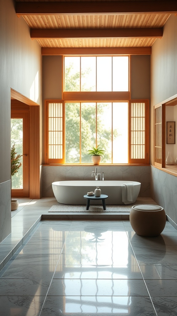 A spacious, light-filled Japandi bathroom featuring a freestanding bathtub and large windows