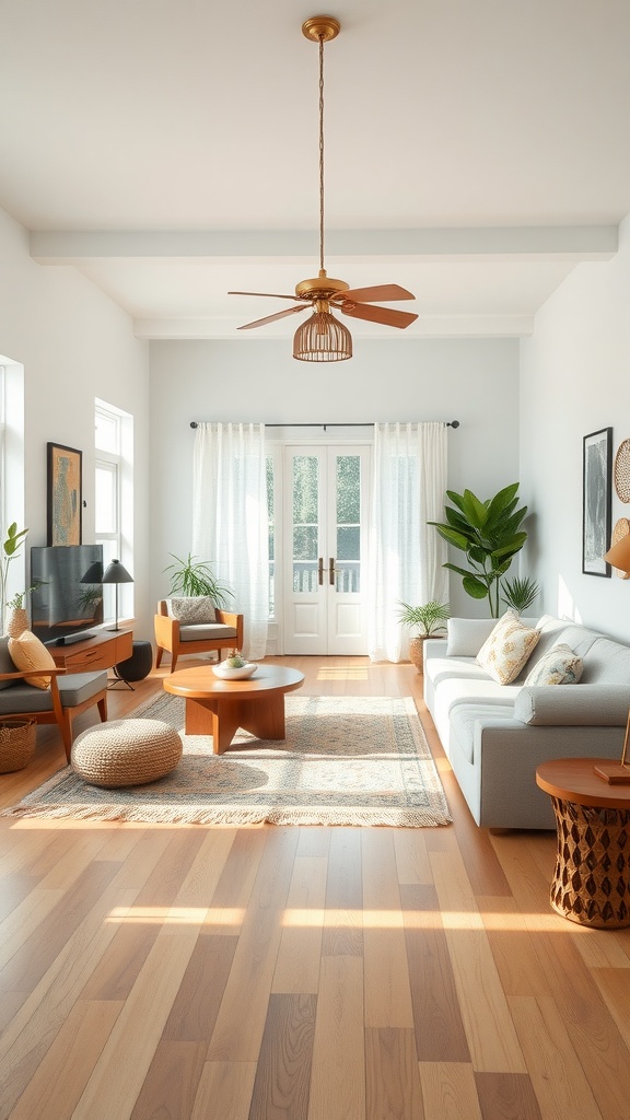 Bright and airy boho living room with wooden floors, comfortable seating, and plants.