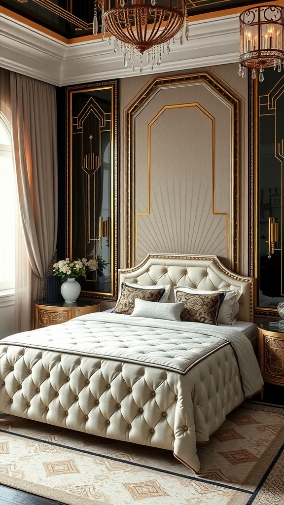 An elegant Art Deco bedroom featuring a plush bed with tufted bedding, gold-accented decor, sophisticated lighting, and rich textures.