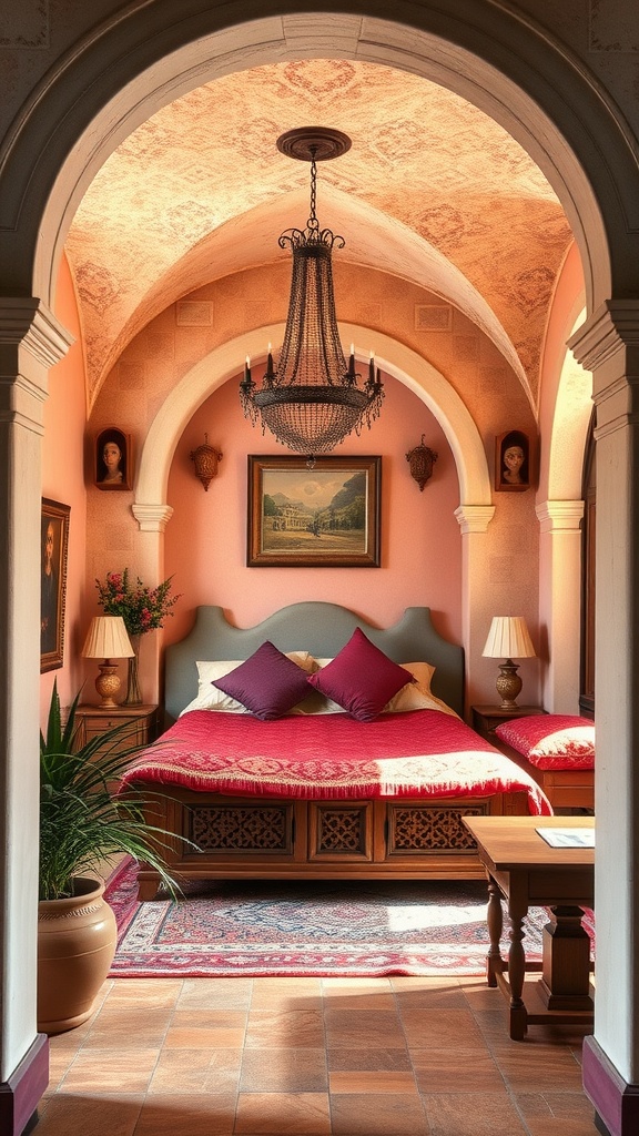 Elegant Mediterranean-style bedroom with arched ceiling, chandelier, and rich red bedding.