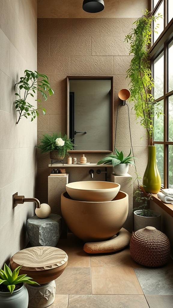 A serene Japandi bathroom featuring earthy tones, natural materials, and abundant plants.