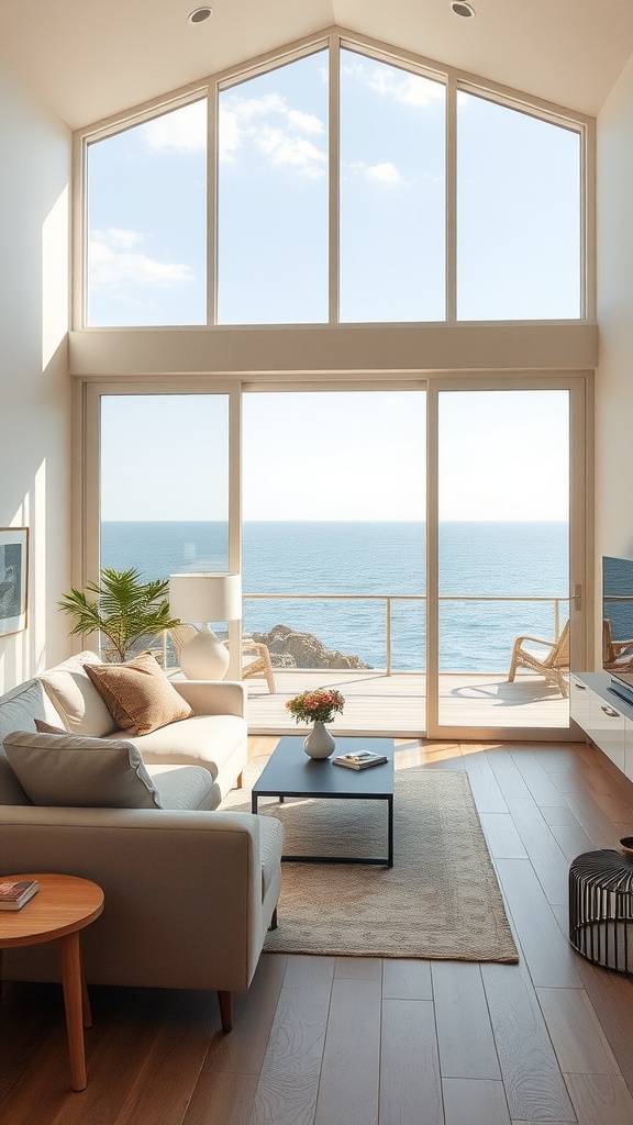 Coastal living room with large windows overlooking the ocean, featuring a cozy sofa and natural light.