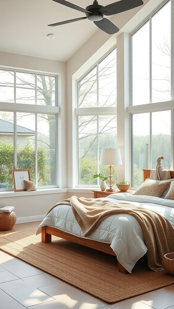 Cozy modern farmhouse bedroom with large windows and nature-inspired decor