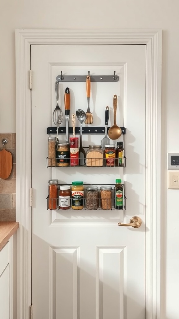 Over-the-door storage rack with various kitchen utensils and spice jars organized on the back of a door.
