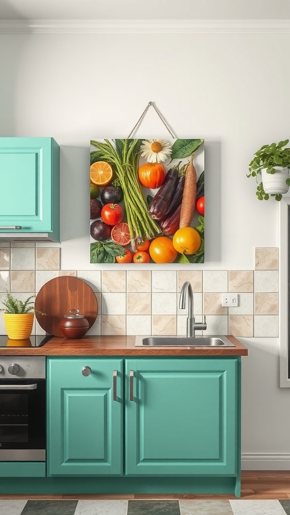 A colorful canvas painting of fruits and vegetables hanging in a bright kitchen.