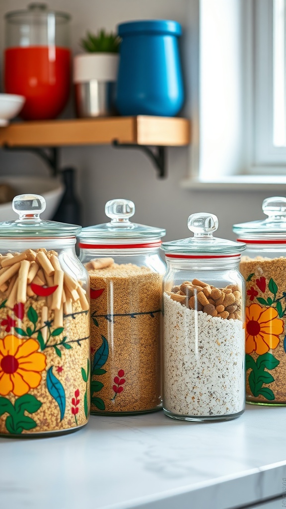 Colorful painted glass canisters filled with various ingredients on a kitchen countertop