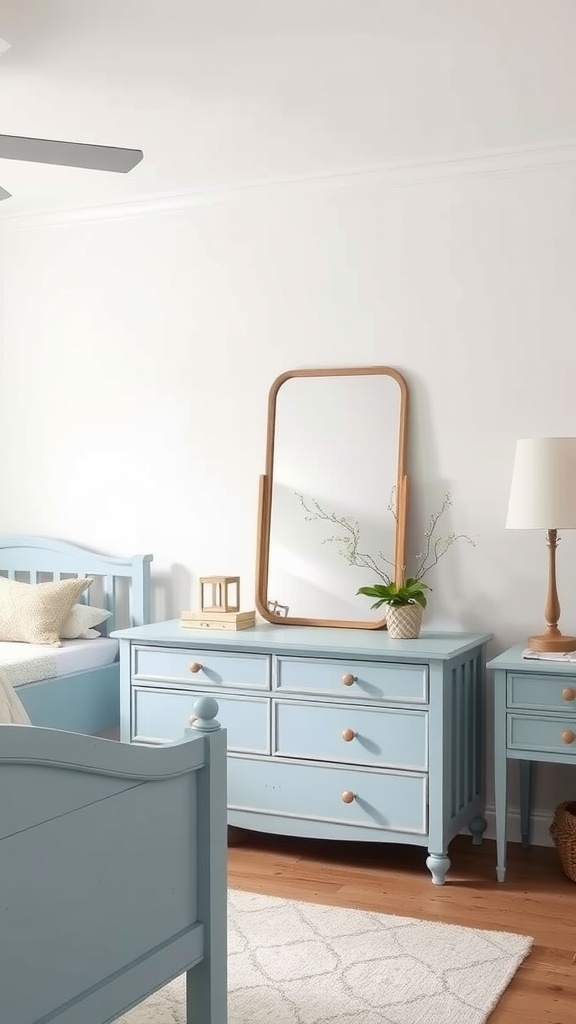 A modern farmhouse bedroom featuring pale blue painted furniture, including a dresser and bedside table, with a mirror and plants.