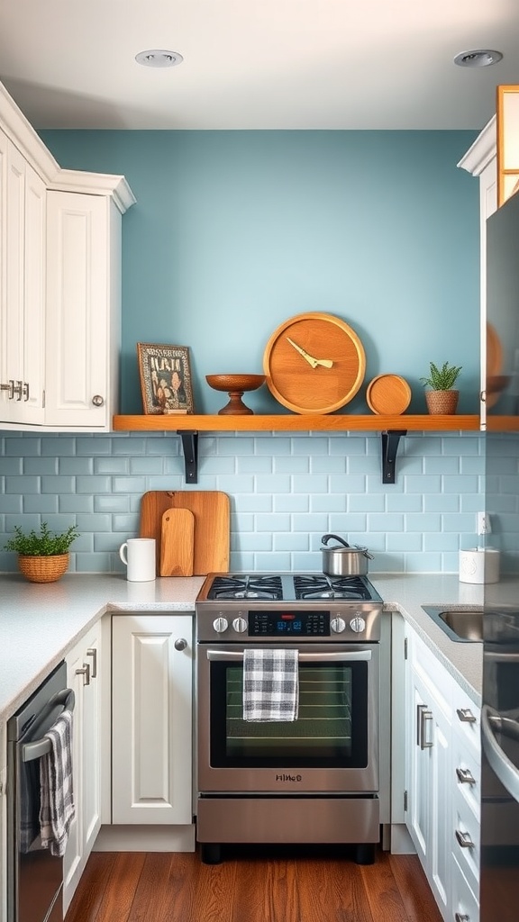 A modern farmhouse kitchen featuring a pastel blue accent wall, white cabinets, and wooden shelves.