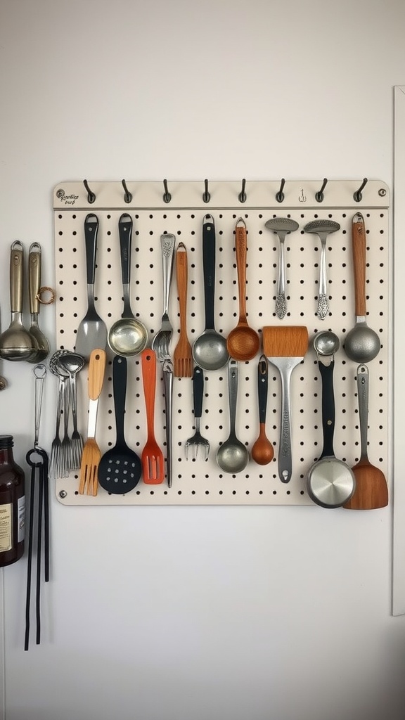 A pegboard wall displaying various kitchen utensils and tools organized with hooks and pegs.