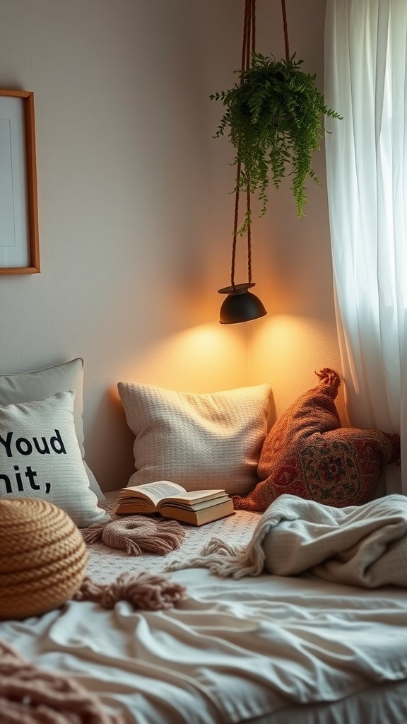Cozy bedroom nook with pillows, a book, and hanging plants.