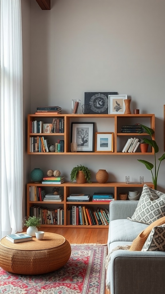 Boho living room with personalized wooden shelving displaying books, decorative items, and plants