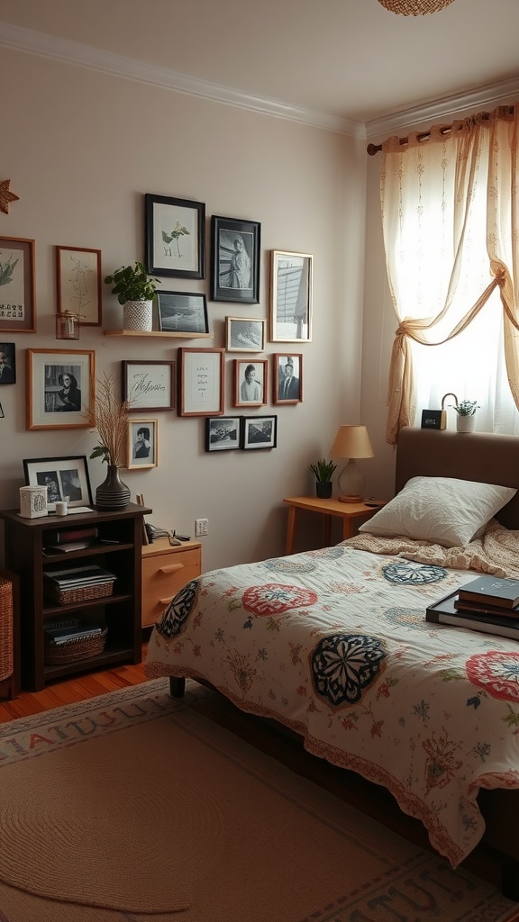 A cozy Japandi bedroom featuring framed photos on the wall, warm wooden furniture, and soft lighting.
