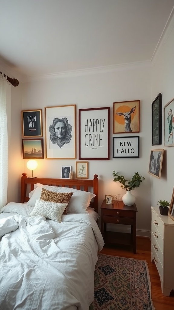 A cozy modern farmhouse bedroom featuring a bed with white bedding and various framed artworks on the wall.