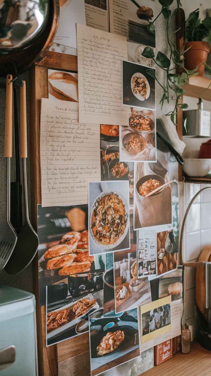 A collage of family recipes displayed in a kitchen, showcasing various dishes and their ingredients.