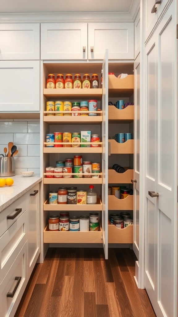 A well-organized pull-out pantry with various jars and cans neatly arranged in light wood drawers.