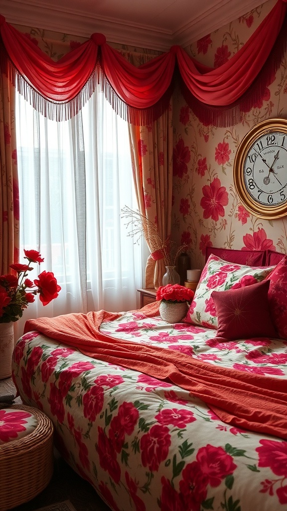 A boho bedroom featuring red floral accents on the walls, bedding, and decor.