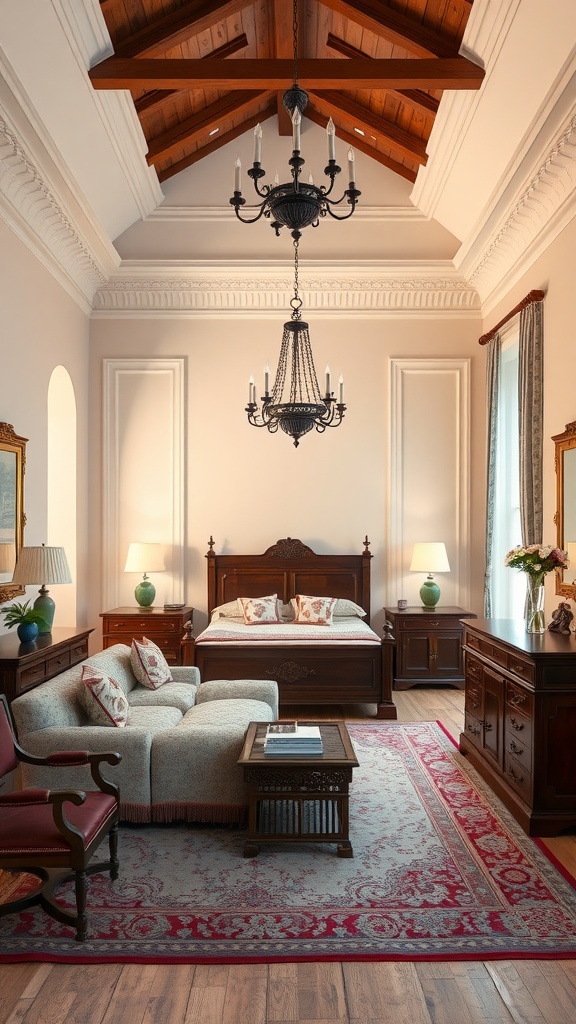 Elegant colonial-style bedroom with wooden furniture and warm decor.