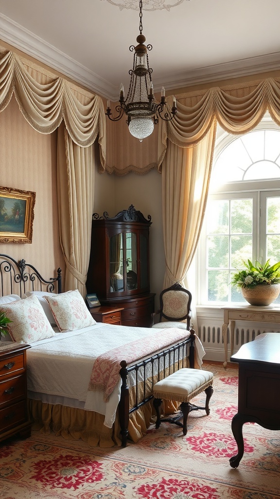 A refined Southern bedroom featuring elegant drapery, a vintage wooden bed, and a cozy atmosphere.