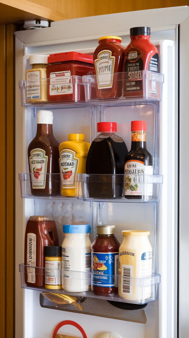 An organized refrigerator showcasing various condiments and sauces in door caddies.