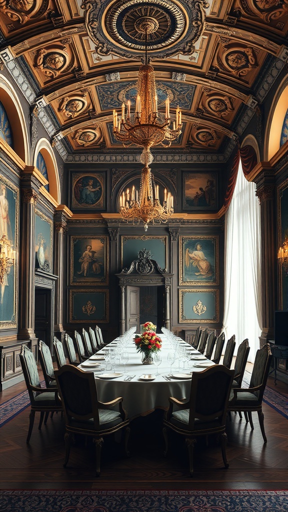 A luxurious dining room with a long table set for a feast, featuring ornate decor and an elegant chandelier.