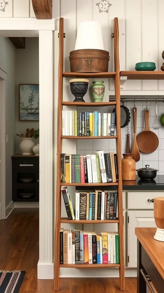 A wooden ladder repurposed as a cookbook holder with colorful books displayed in a cozy kitchen.