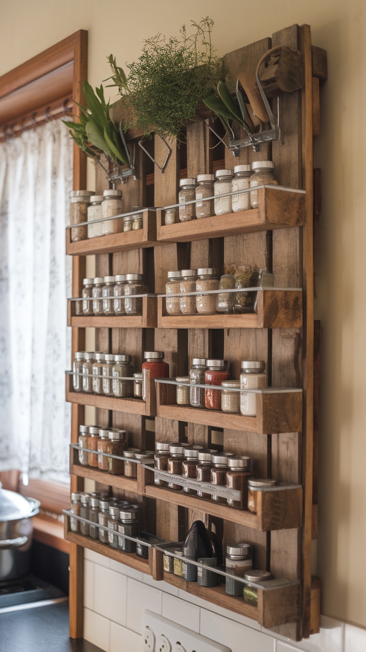 A wooden pallet spice rack displaying various spice jars and small plants on shelves.