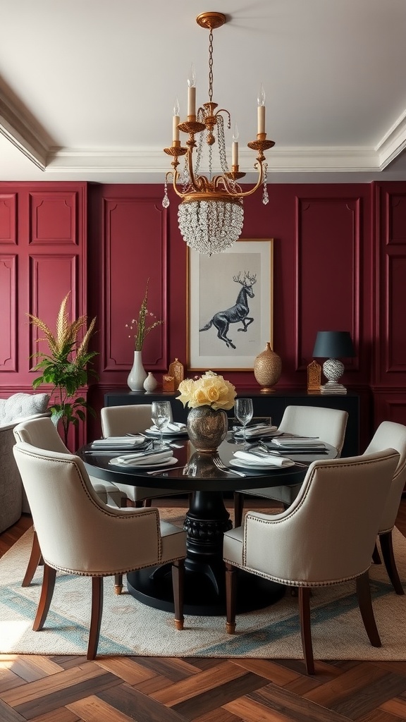 A dining room featuring rich burgundy walls and light beige chairs, with a round table and elegant chandelier.