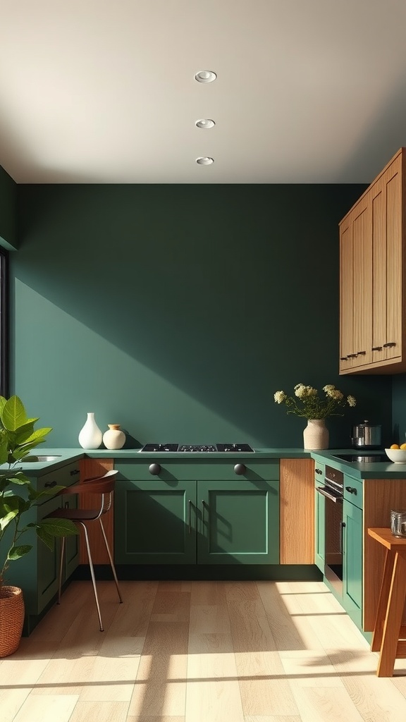 A modern kitchen featuring rich forest green walls and light oak cabinetry, creating a cozy and inviting atmosphere.