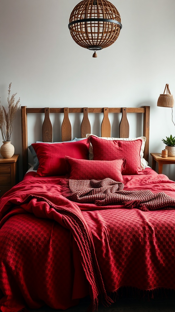 A cozy boho bedroom with rich red textiles, featuring a wooden bed and layered bedding.