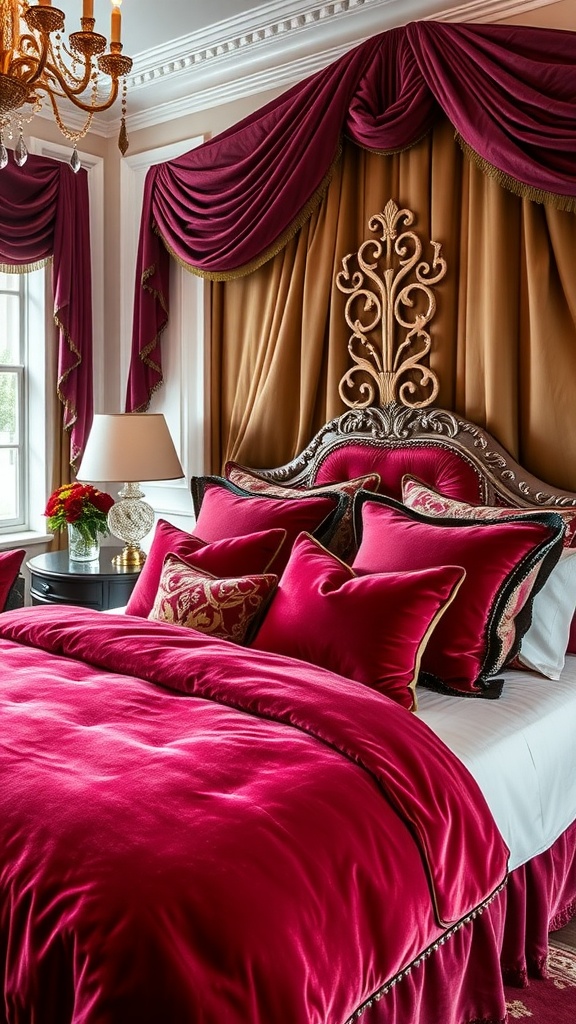 A cozy bedroom featuring rich velvet bedding in deep red, accented by chenille cushions and warm decor elements.