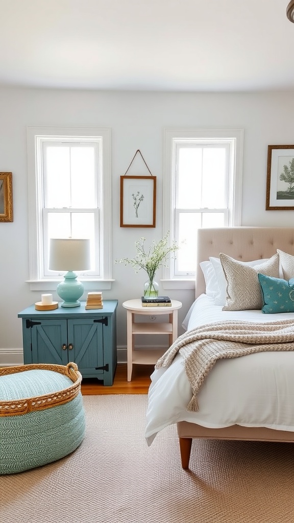 Modern farmhouse bedroom with robin's egg blue accessories