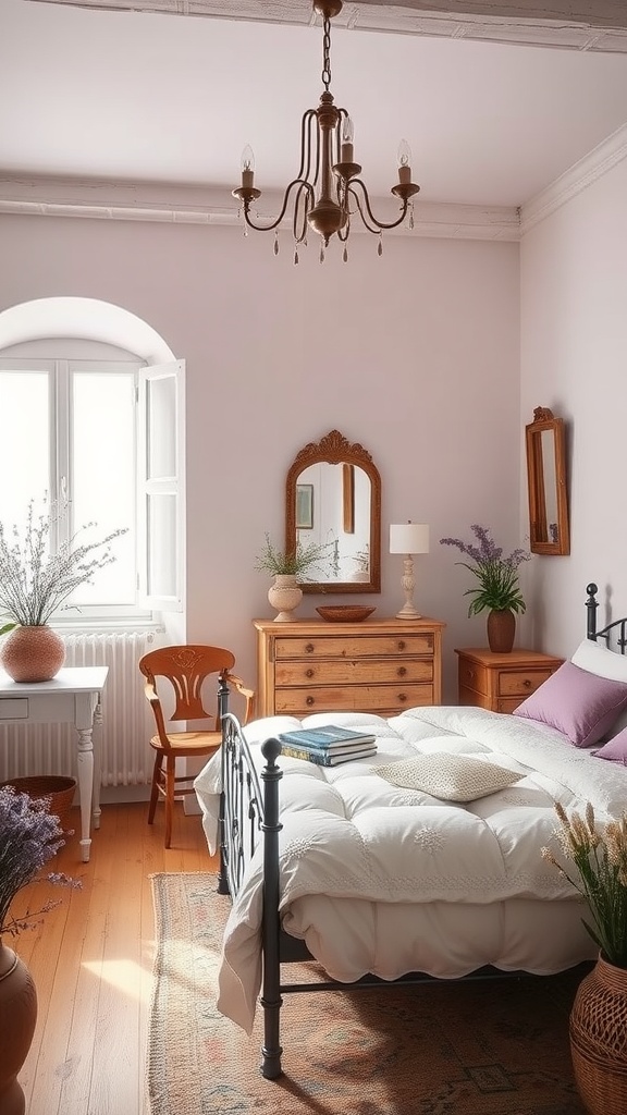A cozy French Provencal bedroom featuring a vintage bed, soft bedding, and natural decor.