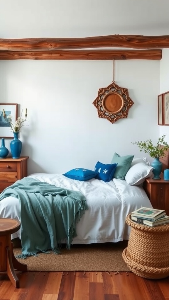 A cozy bedroom featuring rustic wooden elements and blue accents, showcasing a blend of comfort and style.
