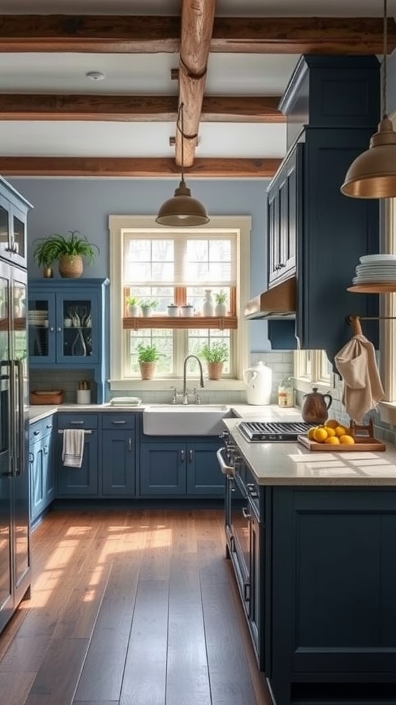 A rustic blue and gray modern farmhouse kitchen featuring dark blue cabinets, gray walls, and wooden beams.