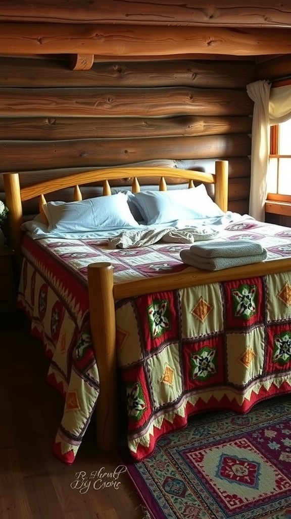 A cozy bedroom featuring a rustic wooden bed adorned with a vibrant quilt and surrounded by log walls, creating a warm and inviting atmosphere.