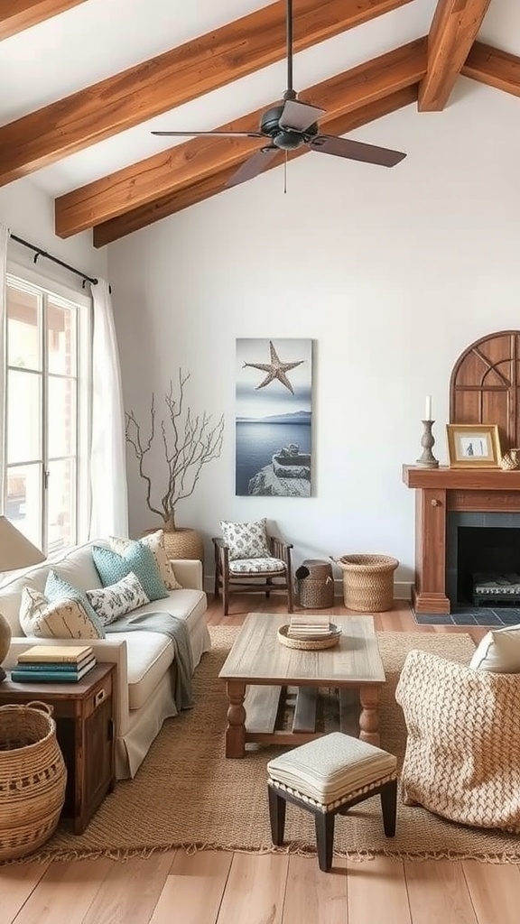 Coastal living room featuring reclaimed wood beams, a cozy sofa, and natural decor elements