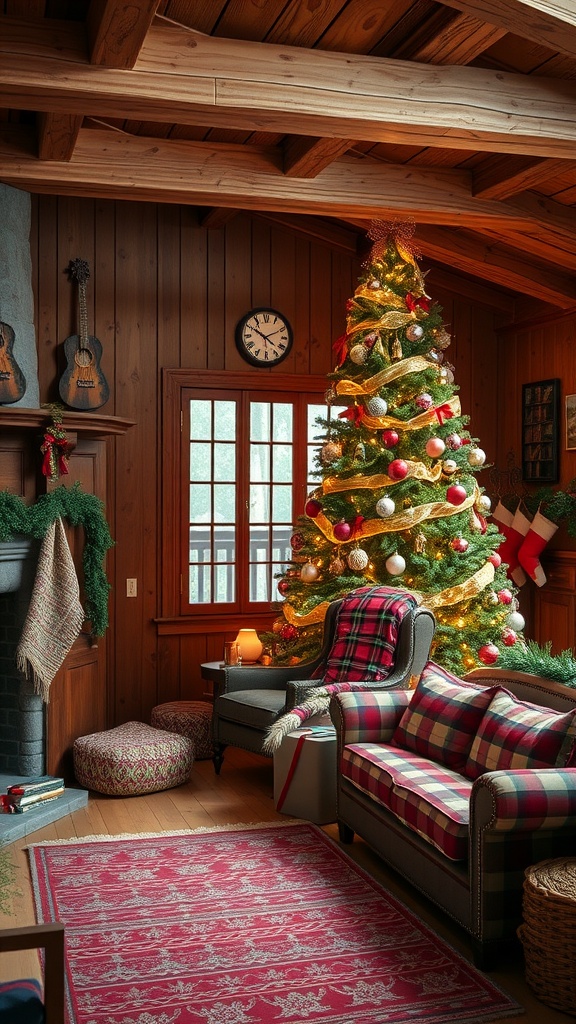 A rustic farmhouse living room decorated for the holidays, featuring a Christmas tree, cozy seating, and wooden accents.