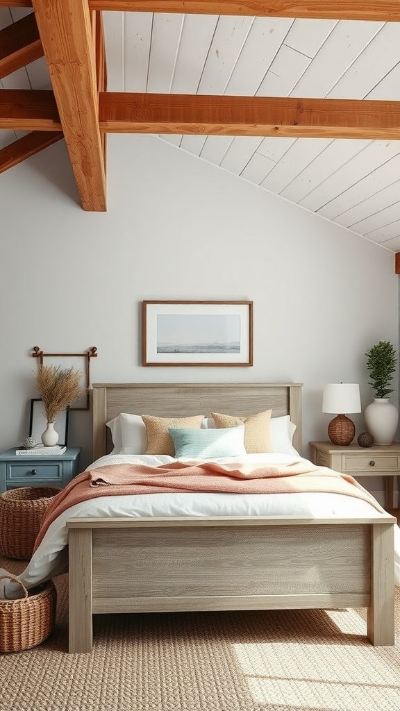 A cozy rustic farmhouse bedroom with a wooden bed, soft cushions, and exposed beams.