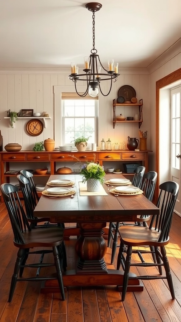 A rustic farmhouse dining room with a wooden table and black chairs, featuring natural decor and warm lighting.