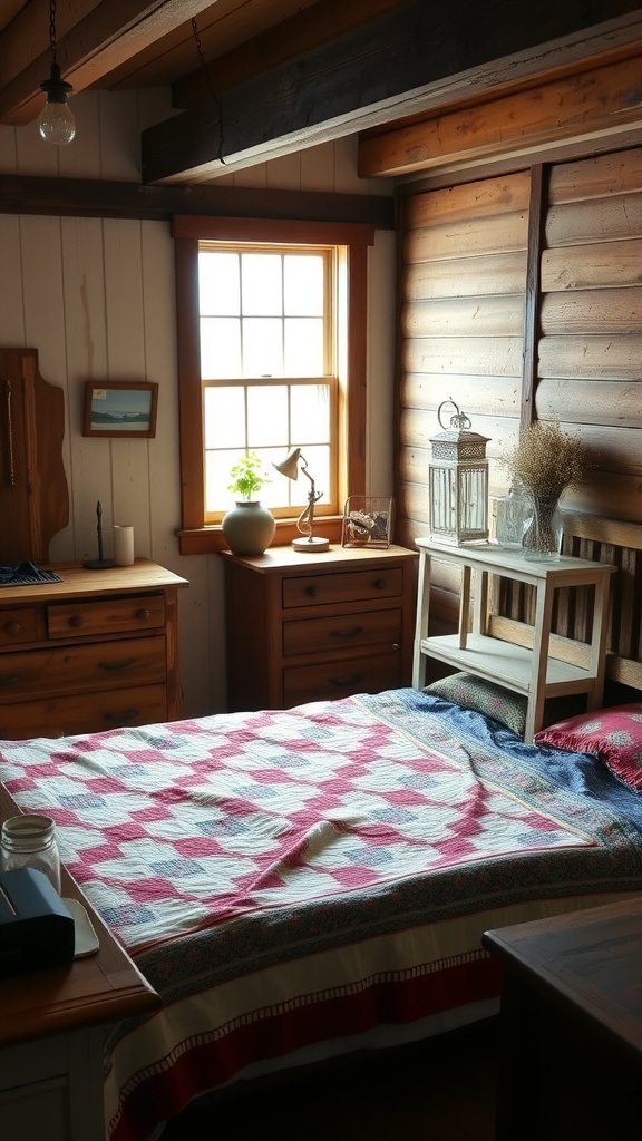 A cozy rustic farmhouse bedroom featuring wooden beams, a quilted bedspread, and warm natural light