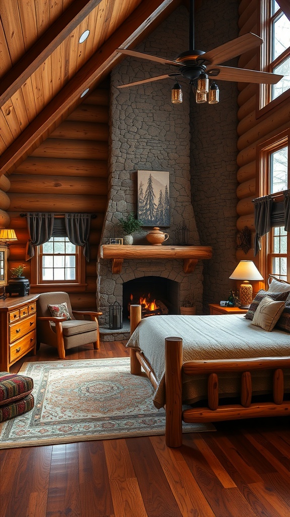 A cozy rustic lodge bedroom featuring wooden beams, a stone fireplace, and warm decor.