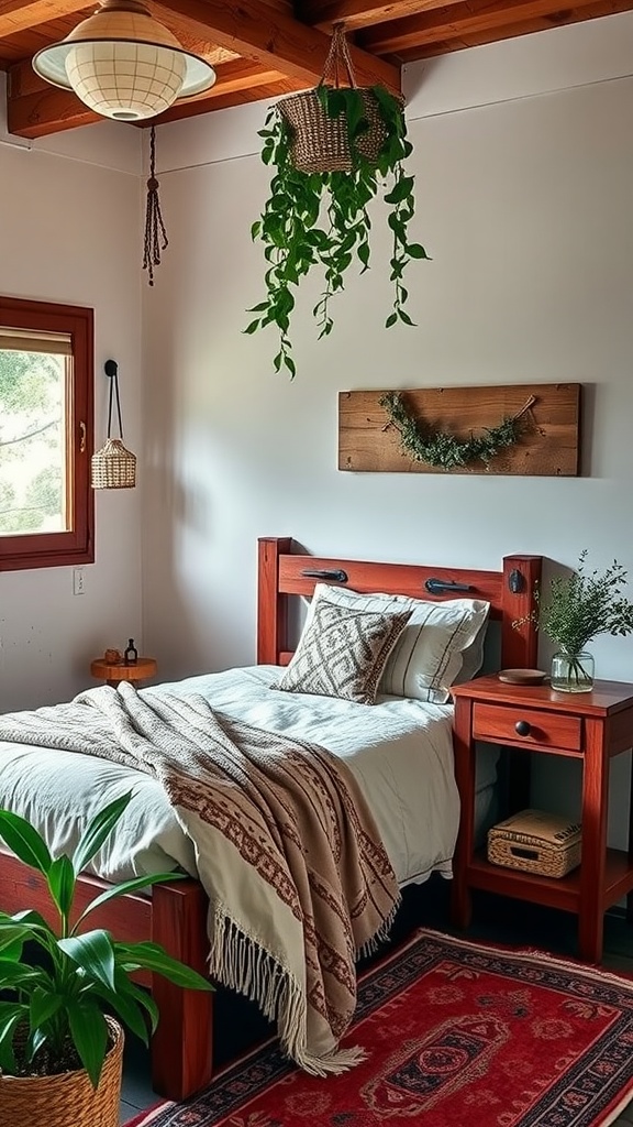 A cozy boho bedroom featuring rustic red furniture, including a red bed frame and nightstand, with soft bedding and decorative plants.