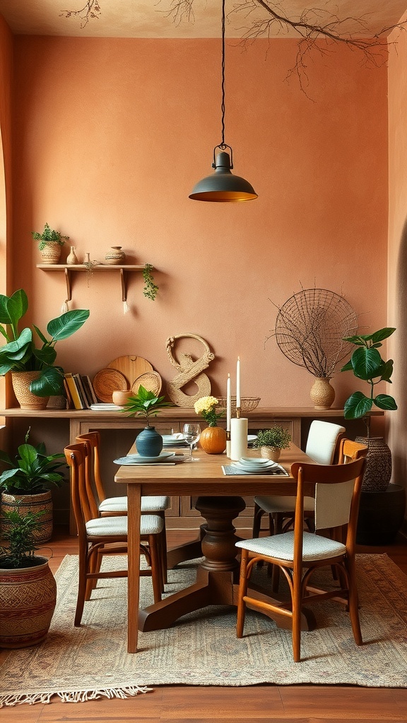 A rustic dining room featuring terracotta walls and soft ivory accents, with a wooden table and various plants.