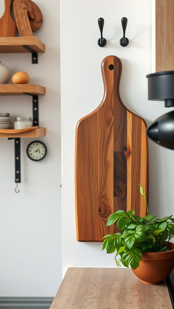 A rustic wooden cutting board displayed on a wall with hooks, alongside a small potted plant on a kitchen counter.