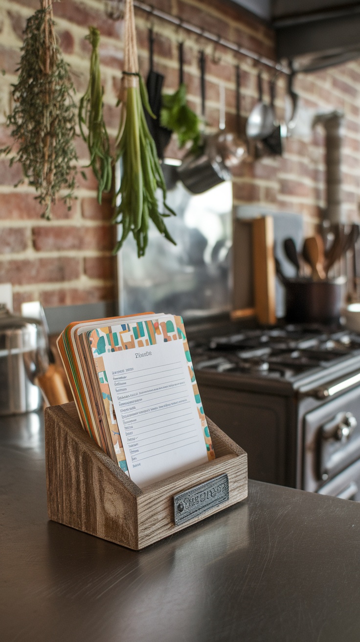 A rustic wooden recipe holder displaying recipe cards on a kitchen counter with green herbs nearby.