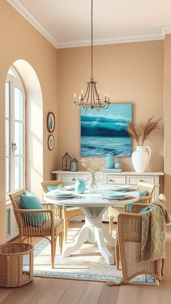 A dining room featuring sandy beige walls and oceanic blue accents, with a round white table surrounded by rattan chairs.