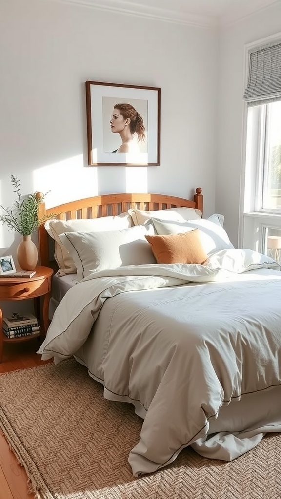 A cozy Japandi-inspired bedroom featuring a wooden bed with beige bedding and an orange pillow.